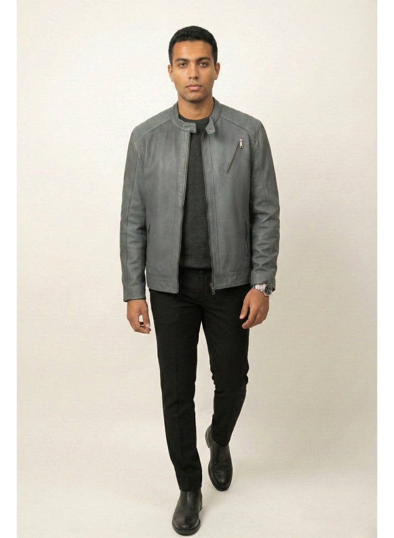 Lezaroty Men’s Leather Jacket Slate Blue Slim Biker Style Quilted Shoulders Stand Collar Front Zipper with Diagonal Chest and Side Zip Pockets - Image 2